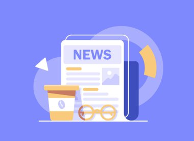 Gazeteler ve kahve fincanları, dünya haberleriyle sabah kahvesi, düz tasarım ikon çizimi