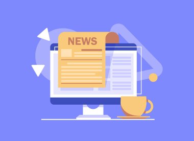 Gazeteler ve kahve fincanları, dünya haberleriyle sabah kahvesi, düz tasarım ikon çizimi