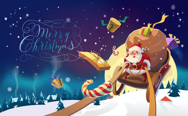 Santa bemutatja a szánkó a téli erdő a lovas csomó. Sarki fény a háttérben. Téli falu. Boldog karácsonyt felirat. Vektoros illusztráció. — Stock Vector