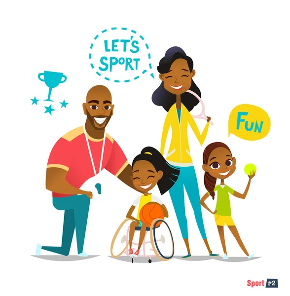 Sport familieportret. Gehandicapt kind in een rolstoel bal spelen en plezier hebben. Coaching van jonge sporters s. medische revalidatie concept. Vectorillustratie. — Stockvector