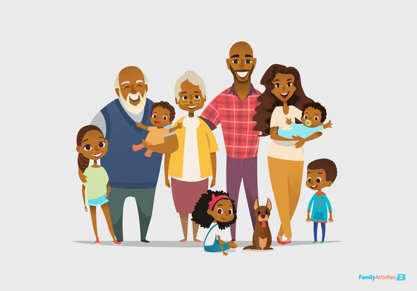 Grande ritratto di famiglia felice. Tre generazioni - nonni, genitori e bambini di età diversa insieme. Personaggi dei cartoni animati sorridenti. Illustrazione vettoriale per poster, biglietto di auguri, sito web, annuncio — Vettoriale Stock