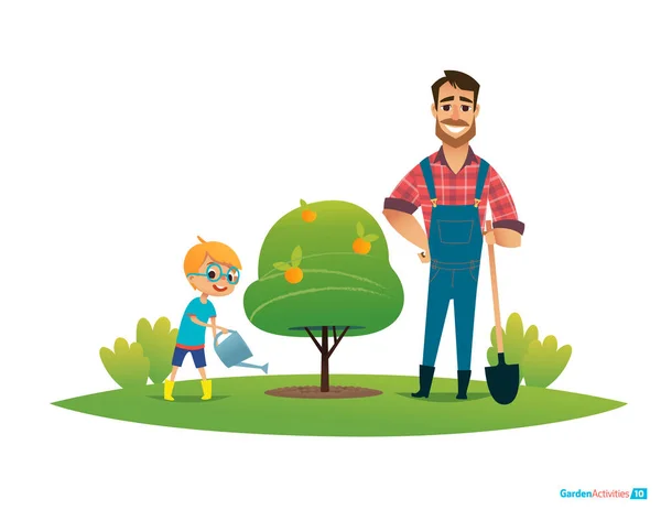 Stripfiguren, lachende vader en zoon in rubberen laarzen met tuinieren hulpmiddelen plant appelboom in de tuin. Ouderlijke onderwijs betrokkenheid concept. Vectorillustratie voor poster, spandoek, ad — Stockvector
