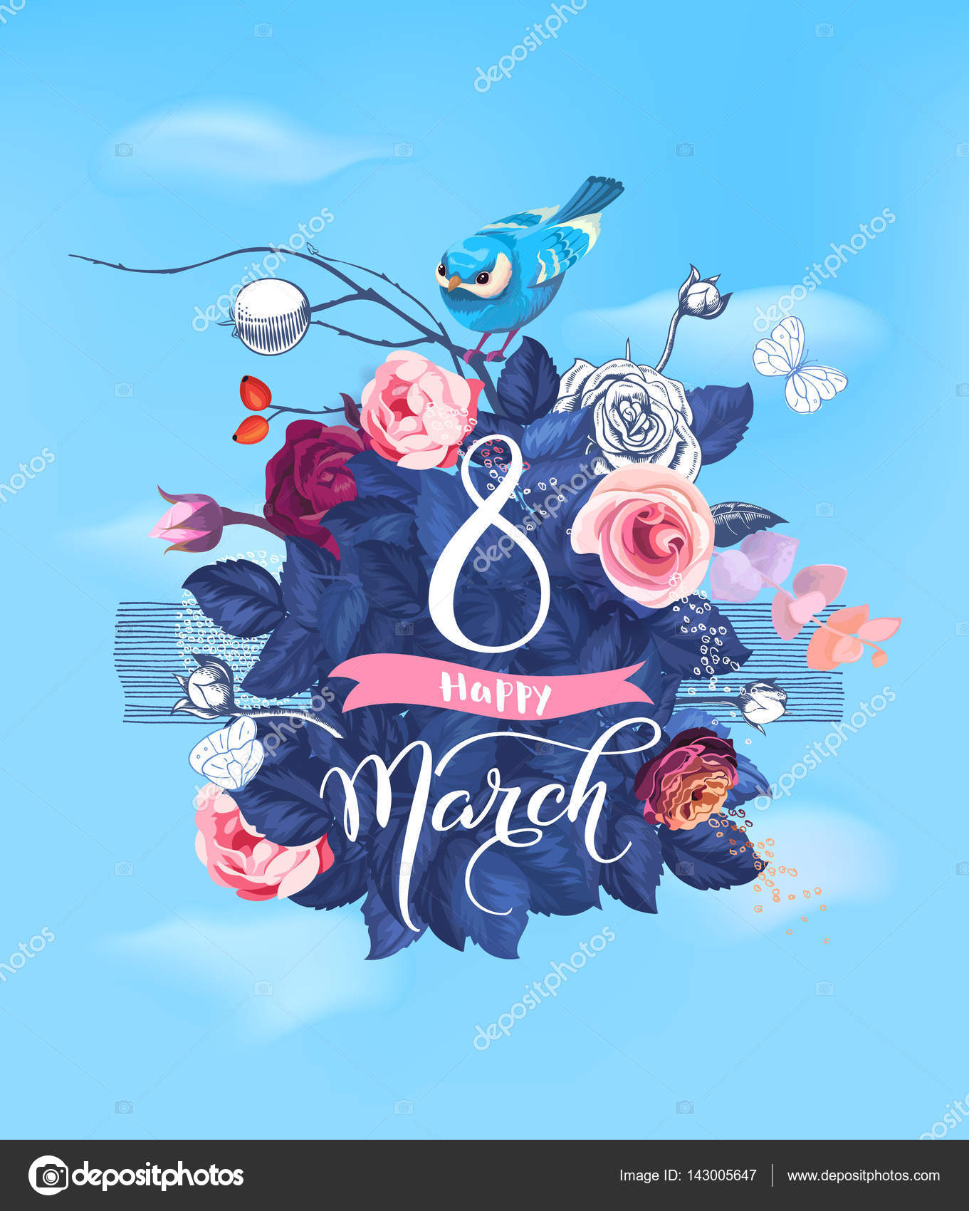 Happy 8 March. Hand lettering on blooming rose bush and little bird