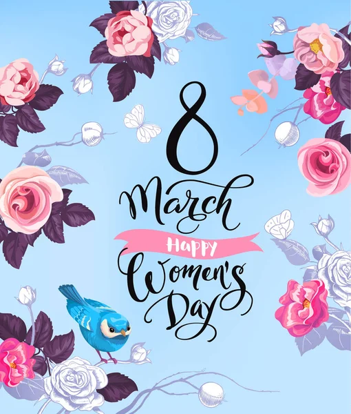 Március 8. Boldog női nap-üdvözlőlap. Szép kéz betűk körül fél színű Rózsa, pillangók és aranyos madár ül a szár, kék háttérrel. Vektoros illusztráció plakát. — Stock Vector
