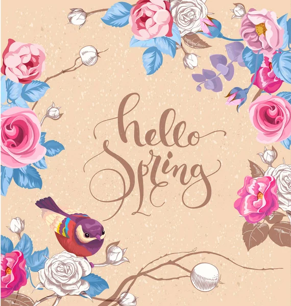 Cartão de saudação com letras escritas à mão elegantes Hello Spring. Pássaro bonito e rosas no fundo. Ilustração vetorial em estilo romântico para cartões, banners, cartazes, convites , — Vetor de Stock