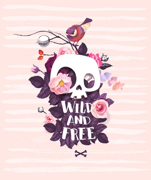 バラの花、葉、野生の蕾に囲まれた白い漫画人間の頭蓋骨とピンク背景のフリーハンド レタリングの鳥に対して枝の上に座っています。ベクトル イラストのグリーティング カード、はがき. — ストックベクタ