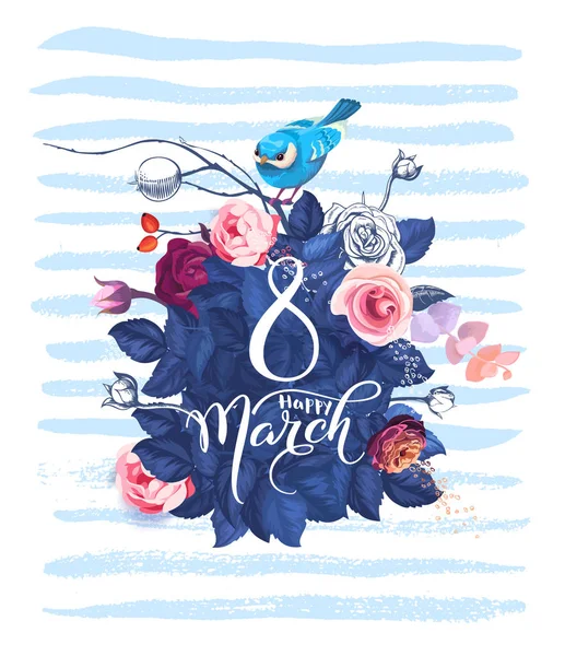 3 月 8 日幸せ。女性の日のグリーティング カード。春の花、葉、青い鳥の背景にそれに座っているの束を持つ美しい手レタリング。はがき、招待状、バナーのベクトル図. — ストックベクタ