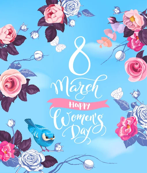 Március 8. Boldog nap női meghívó. Gyönyörű kézzel betűk körül rózsák, a pillangók és a madár ül a szár ellen, blue tavaszi ég és a felhők, a háttérben. Vektoros illusztráció. — Stock Vector
