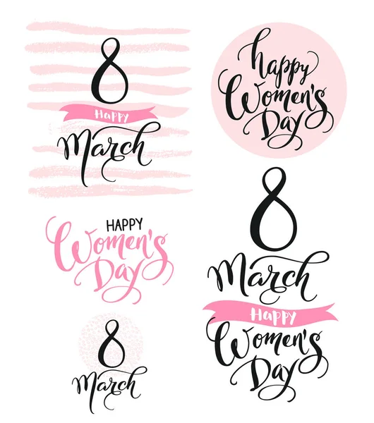 8 de marzo. Feliz Día de la Mujer. Colección de hermosas palabras manuscritas y elementos dibujados a mano en color rosa. Ilustración vectorial para pancarta, encabezado, tarjeta de felicitación, póster, postal, invitación de fiesta . — Vector de stock