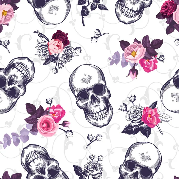 Seamless pattern with human skulls and half colored bunches of flowers in woodcut style and baroque ornament on background. Vintage backdrop. Vector illustration for wallpaper, textile print, poster. — Stock Illustration Seamless pattern with human skulls and half colored bunches of flowers in woodcut style and baroque ornament on background. Vintage backdrop. Vector illustration for wallpaper, textile print, poster. Royalty Free Stock Illustrations
