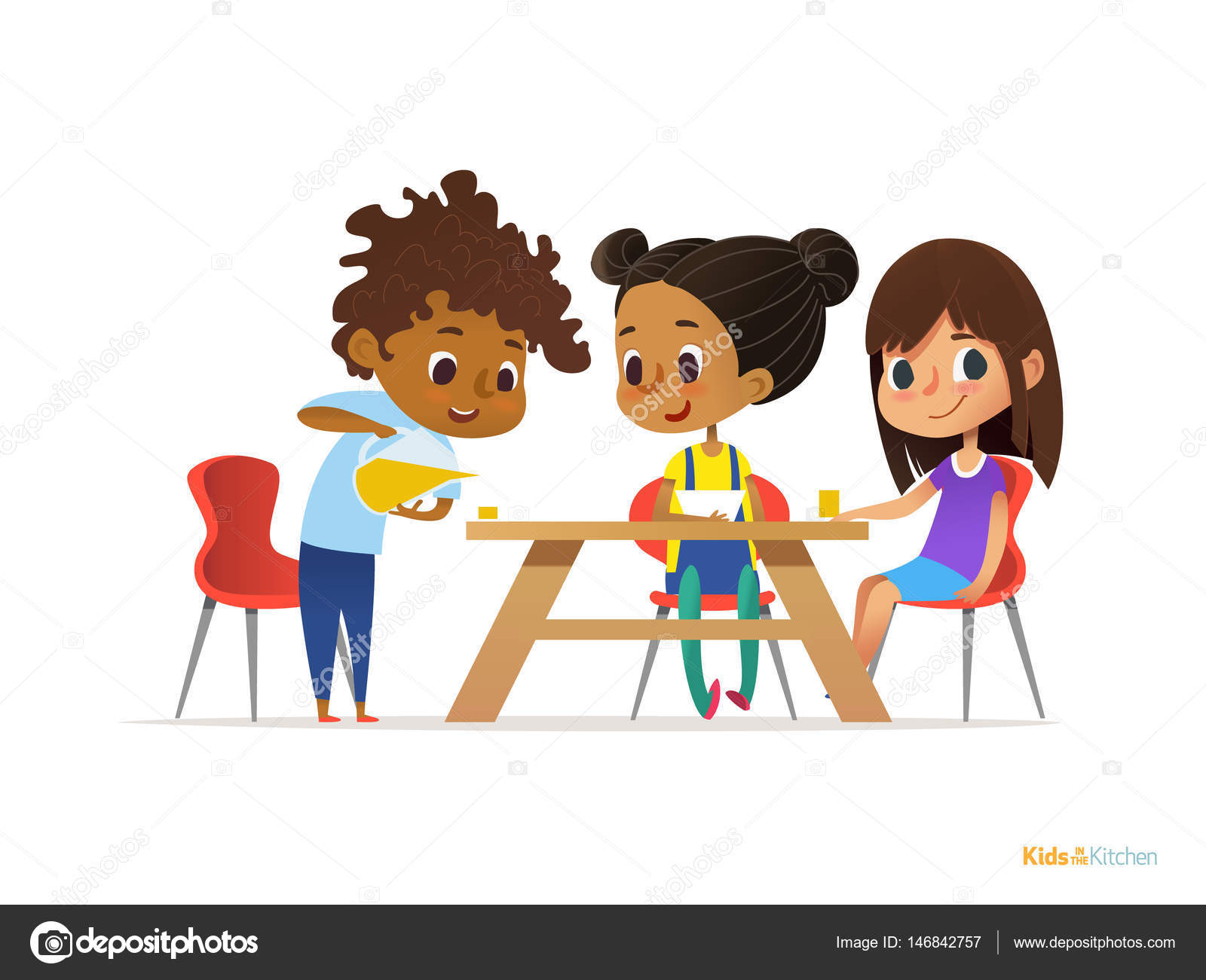 Multiracial kids sitting at table in school canteen and greeting newcomer  boy holding tray with food. Children s relationships concept. Vector  illustration for banner, website, poster, advertisement. Stock Vector