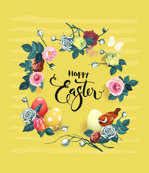 快乐的复活节手刻字包围美丽的花朵，画鸡蛋和可爱的鸟，横条纹的黄色背景。矢量图的贺卡，聚会，邀请 — 图库矢量图片