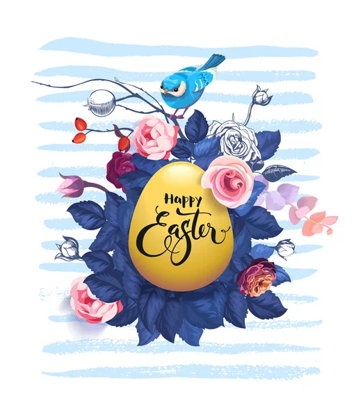 Feliz Pascua escrita a mano con fuente caligráfica en huevo decorado contra arbustos con rosas silvestres, bonito pájaro sentado en la rama y rayas de pintura azul en el fondo. Ilustración vectorial para banner . — Vector de stock