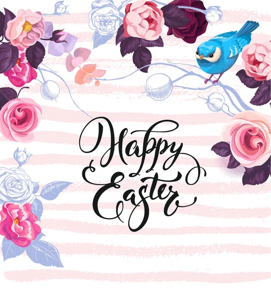 Happy Easter greeting card decorated by gorgeous bunches of semi-colored roses, colorful eggs and cute blue bird against paint traces on background. Vector illustration for flyer, party invitation. — Stock Vector