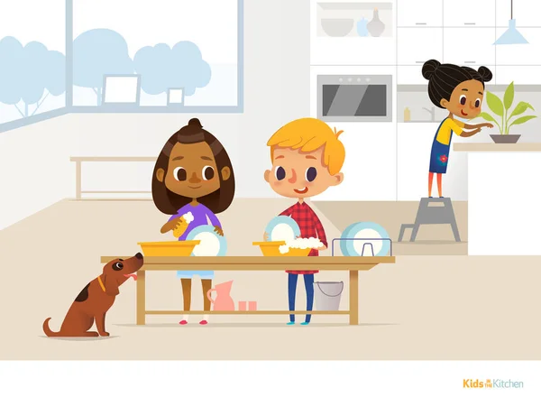 Smiling children doing daily routine in kitchen. Two kids washing dishes with soap foam, funny dog and girl taking care of plant on background. Clean up concept. Vector illustration for flyer, poster. — Stock Vector