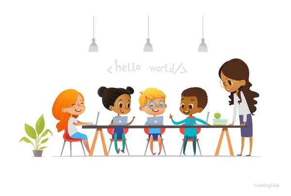 Happy children sitting at laptops and learning programming during school lesson, smiling teacher standing near them. Coding for kids concept. Vector illustration for website, advertisement, poster. — Stock Vector