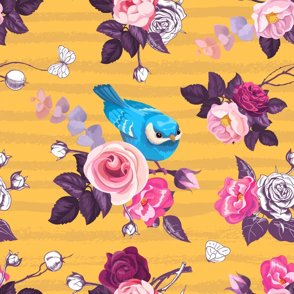 Beau motif sans couture avec des fleurs roses roses et petit oiseau bleu sur fond orange avec des rayures grungy horizontales. Illustration vectorielle pour impression textile, papier d'emballage, carte de vœux . — Image vectorielle