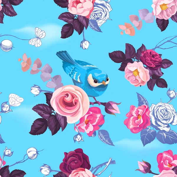 华丽的无缝模式与半色野玫瑰和漂亮的小鸟在背景上明确蓝天的衬托。春天绽放。明信片，贺卡，包装纸的矢量图. — 图库矢量图片