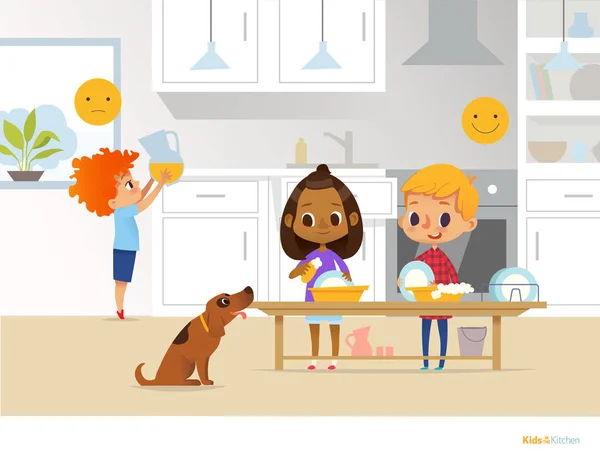 Children doing daily routine activities in kitchen. Two kids washing dishes and red head boy holding pitcher with orange juice. Montessori environment concept. Vector illustration for poster, flyer. — Stock Vector
