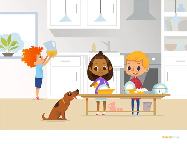 Children cleaning up kitchen. Two multiracial kids washing dishes and boy putting pitcher with drink on table on background. Useful home activities concept. Vector illustration for flyer, website. — Stock Vector
