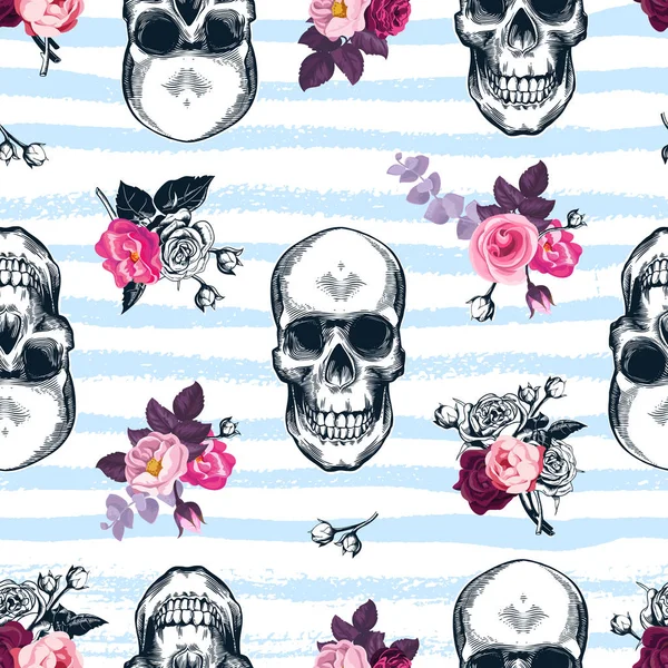 Seamless pattern with human skulls and semi-colored bunches of roses in etching style and blue horizontal paint traces on background. Modern backdrop. Vector illustration for wallpaper, textile print. — Stock Illustration Seamless pattern with human skulls and semi-colored bunches of roses in etching style and blue horizontal paint traces on background. Modern backdrop. Vector illustration for wallpaper, textile print. Royalty Free Stock Vectors