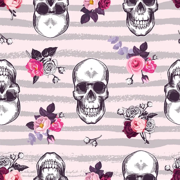 Kitschy seamless pattern with human skulls and half-colored buds of rose flowers against pink background with gray horizontal grungy stripes. Vector illustration for fabric print, banner, postcard. — Stock Illustration Kitschy seamless pattern with human skulls and half-colored buds of rose flowers against pink background with gray horizontal grungy stripes. Vector illustration for fabric print, banner, postcard. Royalty Free Stock Vectors