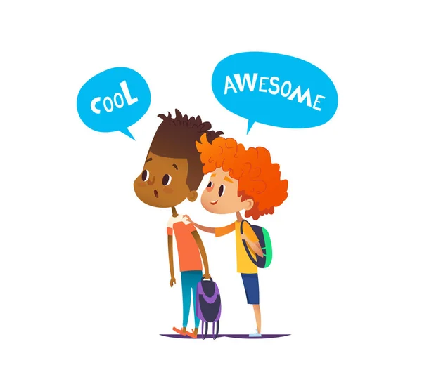 Two multiracial boys with backpacks stand amazed and surprised. Pair of school friends look in astonishment in one direction. Vector illustration for banner, website, advertisement, poster, postcard — Stock Vector