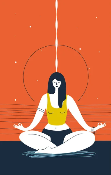 Mujer con los ojos cerrados hace ejercicio de yoga y medita sobre fondo naranja abstracto. Concepto de zen, serenidad y meditación. Ilustración vectorial para sitio web, banner, póster, impresión, postal — Vector de stock