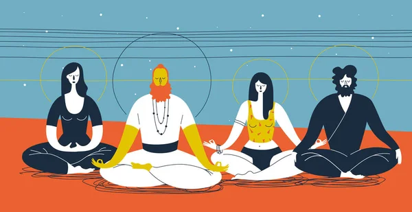 Groupe de personnes assises en posture de yoga et méditant sur fond bleu et orange abstrait avec des lignes et des cercles horizontaux. Concept de pratique spirituelle collective. Illustration vectorielle — Image vectorielle