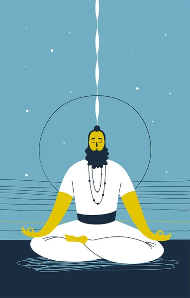 Male yogi with beard sits cross legged and meditates against abstract blue background with lines and circle. Concept of mental wellness and spiritual growth. Vector illustration for website, banner — Stock Vector