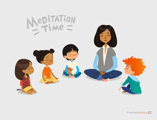 Insegnante di scuola materna e bambini sorridenti seduti in cerchio sul pavimento e facendo esercizio di yoga. Lezione di meditazione nel concetto di asilo. Illustrazione vettoriale per banner, sito web, poster, cartolina . — Vettoriale Stock