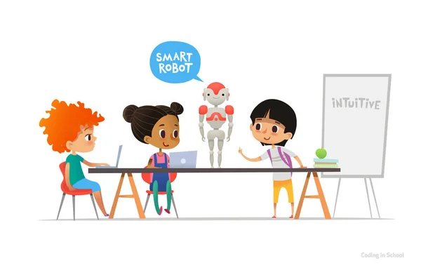 Smiling children sitting at laptops around smart robot standing on table in school class. Robotika dan pemrograman untuk konsep anak-anak. Ilustrasi vektor untuk situs web, iklan, poster, spanduk. - Stok Vektor