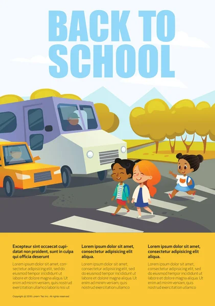 Cartoon lachende meisjes kruising weg langs crosswalk tegenover gestopt bus en auto. Verkeer veiligheid onderwijs voor basisscholen concept. Educatieve banner met plaats voor tekst. Vectorillustratie. — Stockvector