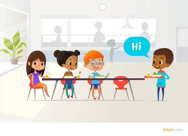 Murid baru membawa nampan makanan dan menyapa teman sekelas duduk di meja di kantin. Anak-anak makan siang. Membuat konsep teman sekolah. Ilustrasi vektor untuk spanduk, situs web, poster, selebaran  . Stok Ilustrasi 