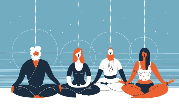 Quatre personnes s'assoient les yeux fermés et croisent les jambes et méditent sur un fond bleu abstrait avec des lignes et des cercles horizontaux. Concept de pratique spirituelle de groupe. Illustration vectorielle pour bannière . — Image vectorielle