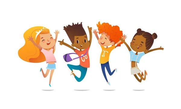 Niños multirraciales de la escuela feliz saltando alegremente y riendo aislados sobre fondo blanco. Concepto de felicidad, alegría y diversión. Ilustración vectorial para pancarta, póster, sitio web, invitación . — Vector de stock