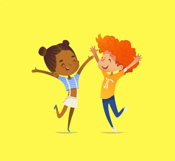 Pair of multiracial kids, boy and girl, happily dance with their hands up, smile and rejoice. Concept of delight, joy and cheerfulness. Vector illustration for banner, poster, website, advertisement. — Stock Vector
