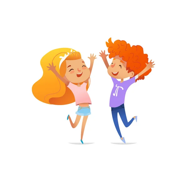 Dos niños pelirrojos sonrientes saltan alegremente y bailan uno frente al otro con las manos levantadas. Concepto de optimismo y emociones positivas. Ilustración vectorial para banner, póster, impresión, sitio web . — Vector de stock