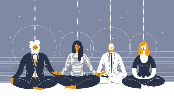 Vários trabalhadores de escritório em roupas inteligentes sentar na posição de ioga e meditar contra o fundo azul abstrato. Conceito de meditação de negócios e atividade de formação de equipe. Ilustração vetorial para cartaz . —  Vetores de Stock