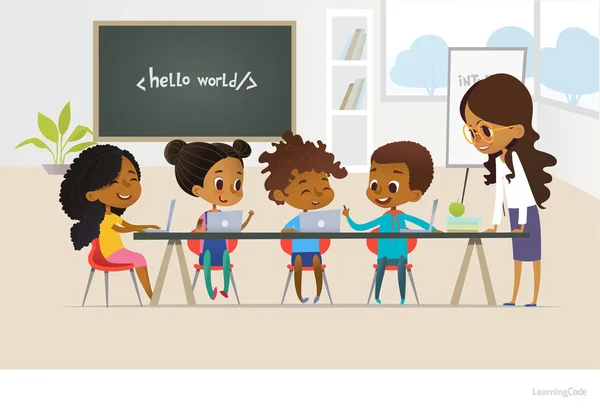 Group of African American kids learn coding, one boy answers question, smiling female teacher listens to him. Concept of informatics lesson at school. Vector illustration for banner, poster, website. — Stock Vector