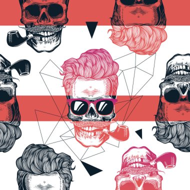 Kitschy seamless pattern, human skulls with hipster hairstyle, stylish sunglasses, mustache and tobacco pipe against geometric outline and horizontal red stripes on background. Vector illustration. clipart