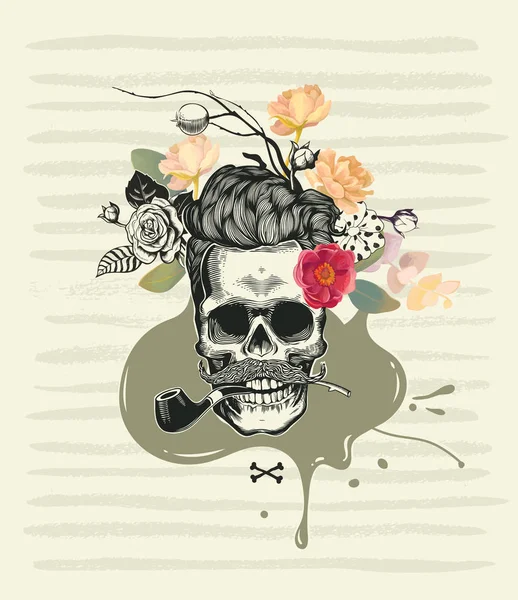 Crânio humano desenhado em estilo retro gravura com rosas meia-coloridas decorando seu cabelo, cachimbo de fumar na boca e bigode contra vestígios de tinta verde pântano e mancha no fundo. Ilustração vetorial . — Vetor de Stock