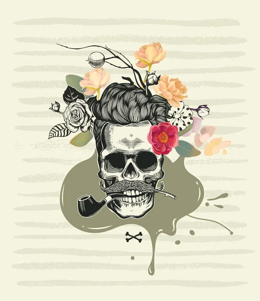Human skull drawn in retro etching style with half-colored roses decorating its hair, smoking pipe in mouth and mustache against marsh green paint traces and blot on background. Vector illustration. — Stock Illustration Human skull drawn in retro etching style with half-colored roses decorating its hair, smoking pipe in mouth and mustache against marsh green paint traces and blot on background. Vector illustration. Royalty Free Stock Vectors