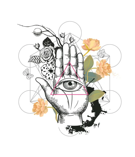 Das menschliche Auge im Dreieck gegen die Hand, halbfarbige Rosenblüten und geometrische Figuren auf dem Hintergrund. Konzept des geheimnisvollen Symbols. Vektor-Illustration im Hipster-Stil für T-Shirt-Druck, Banner. — Stockvektor