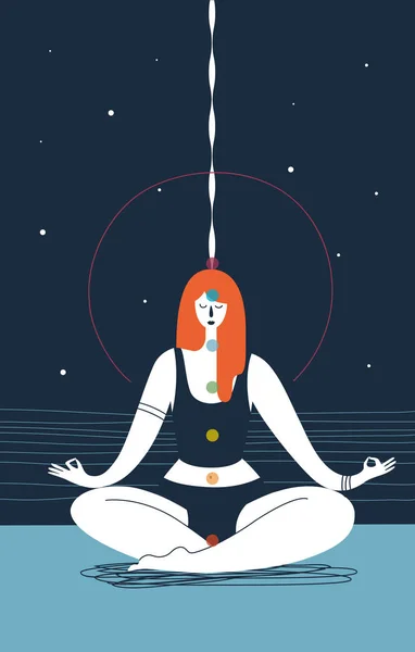 Mujer con los ojos cerrados y siete chakras de diferentes colores se sienta en posición de yoga y medita sobre fondo azul. Concepto de salud física y meditación. Ilustración vectorial para póster . — Archivo Imágenes Vectoriales
