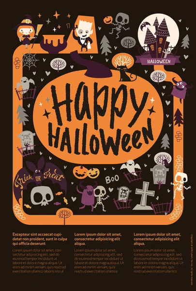 Söt festliga Happy Halloween tillkännagivande banner mall med tecknad spöken, pumpor, skelett och plats för text på svart bakgrund. Vektorillustration för festinbjudan, gratulationskort. — Stock vektor