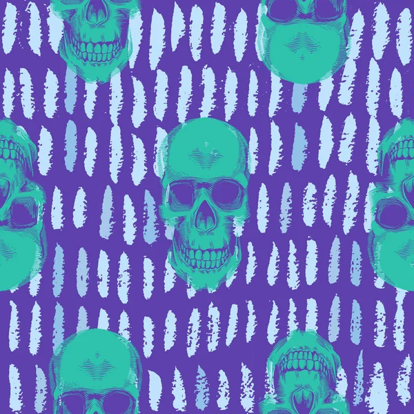 Psychedelisches nahtloses Muster mit grünen Menschenschädeln vor violettem Hintergrund mit kurzen blauen Farbspuren. Vektor-Illustration im Pop-Art-Stil für Tapeten, Textildruck, Packpapier. — Stockvektor