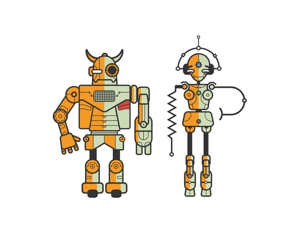 Paar von bunten lustigen Cartoon-Robotern isoliert auf weißem Hintergrund. Konzept freundlicher Androiden und Metallmonster. Kreative Vektorillustration für Maskottchen, Website-Banner, Poster, Werbung. — Stockvektor