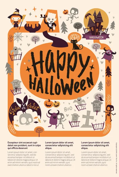 Härlig semester Happy Halloween flyer mall med roliga och kusliga seriefigurer och plats för text. Vektorillustration för festliga Festinbjudan, gratulationskort, tillkännagivandet banner. — Stock vektor