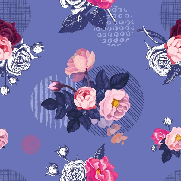 Patrón romántico natural sin costuras con flores veraniegas a medio color y hojas sobre fondo púrpura con elementos redondos de diferentes texturas. Ilustración vectorial para impresión textil . — Vector de stock